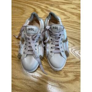 AGL Comfort Shoes Womens 5.5 Pink Leather Fur Trim Lace Up Round Toe Sneakers S9